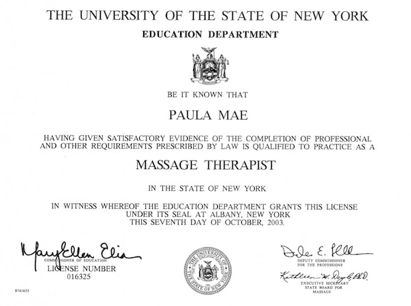 NY State License for Massage Therapy