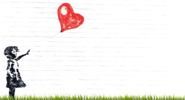 Illustration of young girl with a red heart balloon potentially floating away