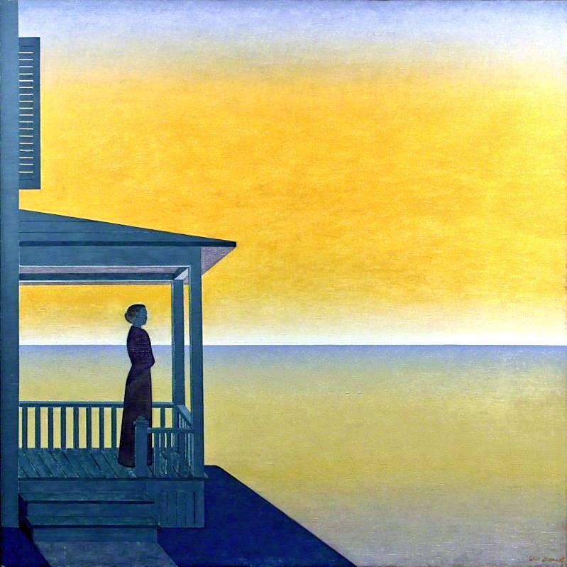 Woman on porch thinking and staring out at a vast and beautiful golden sky reflected on a blue sea.